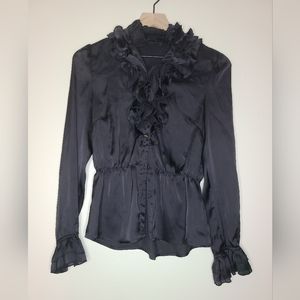 Lapis black satin ruffle blouse